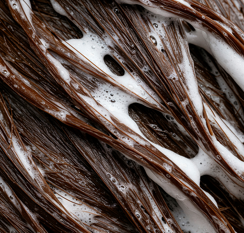 pelo mojado con champu y espuma